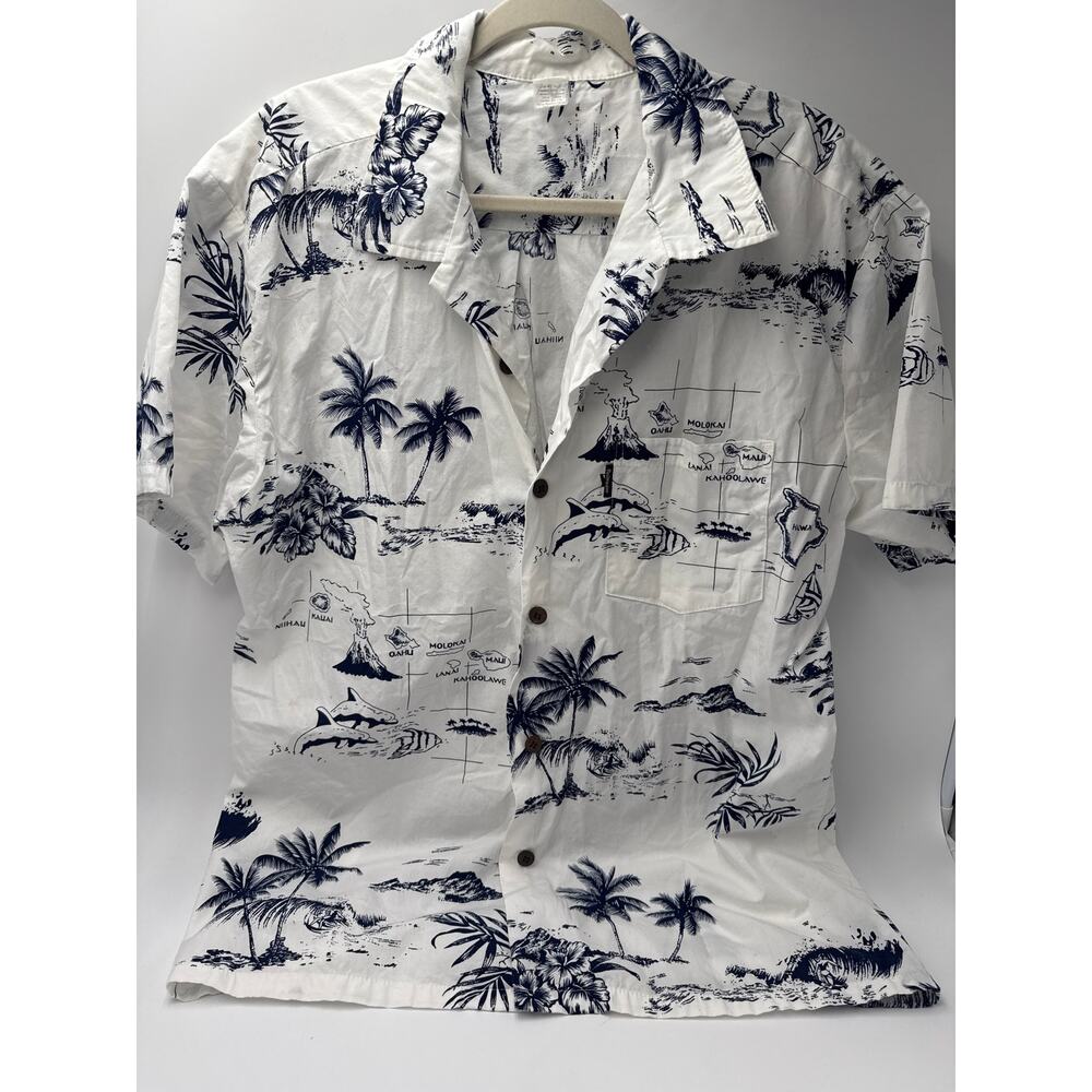 Mens Hawaiian Shirt XL White Navy Palm Tree Beach Button Up Aloha